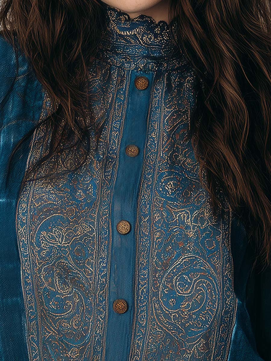 Vintage Bohemian Chiffon Printed Blouse With Lace Trim - Fashionpara