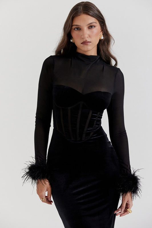 Velvet Corset Sweetheart Bodice Mesh Yoke Feather Bodycon Dress