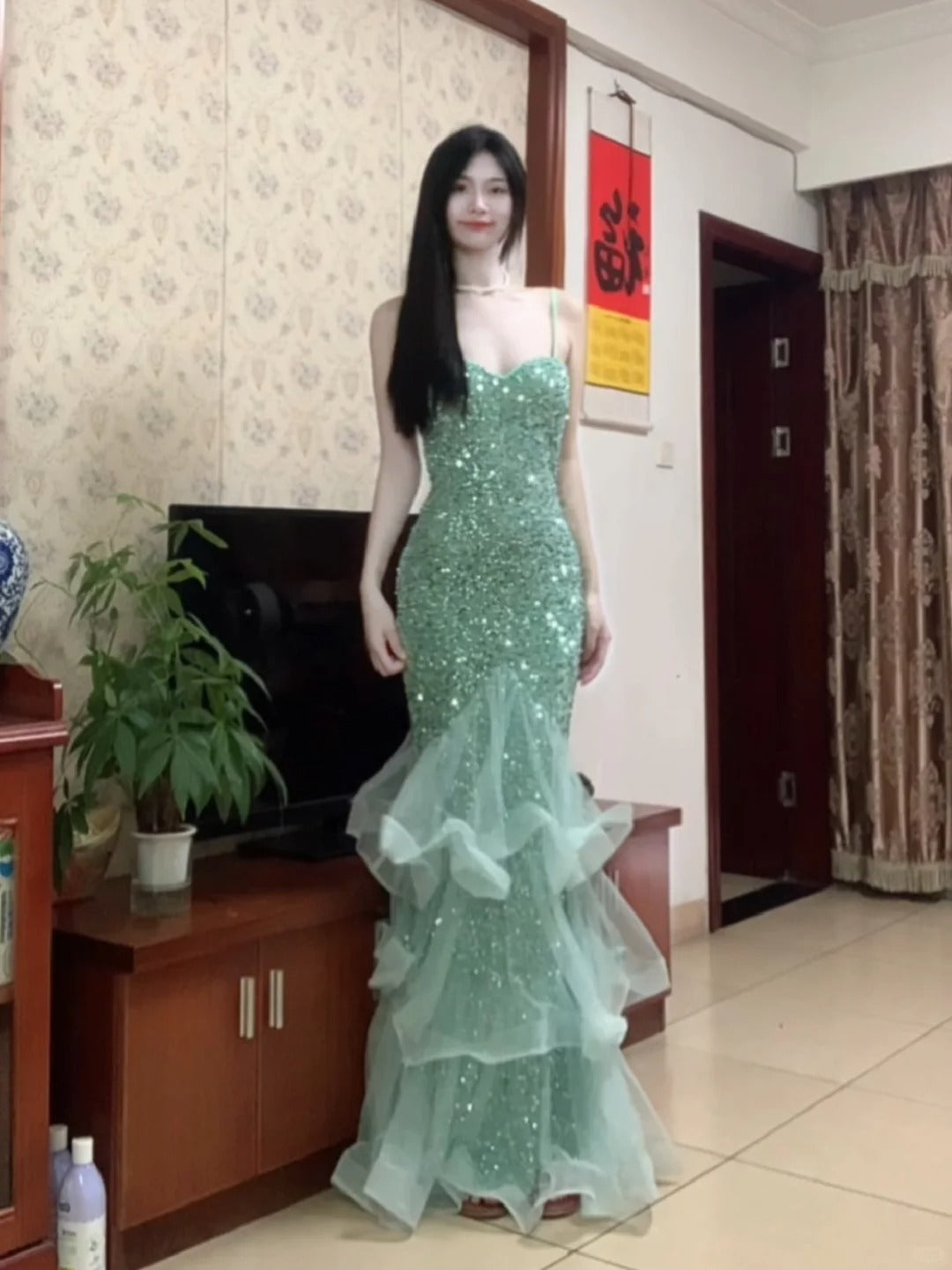 Dreamy Princess Mint Green Mermaid Spaghetti Strap Backless Sequined Long Prom Dress Evening Dress P4291