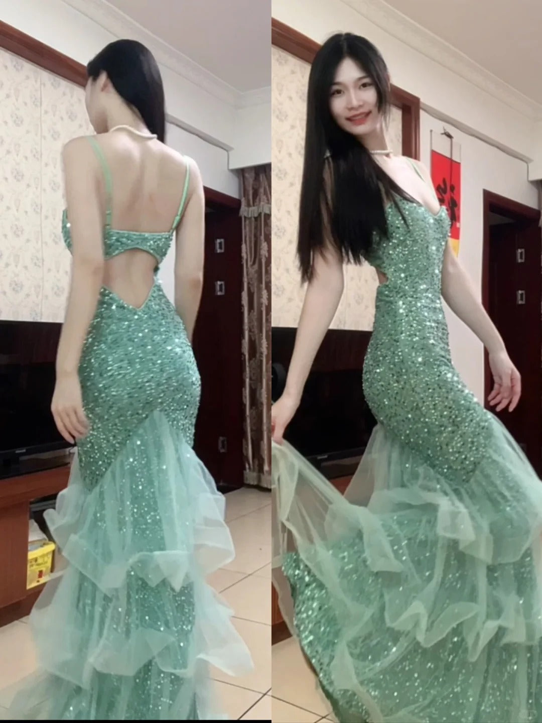 Dreamy Princess Mint Green Mermaid Spaghetti Strap Backless Sequined Long Prom Dress Evening Dress P4291