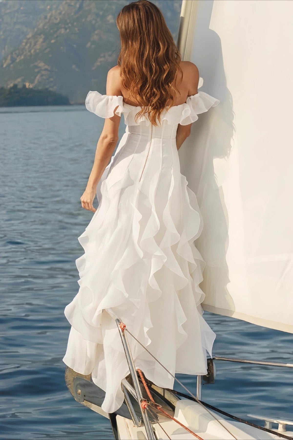 Cascade Ruffle Off Shoulder Corset Maxi Gown 4