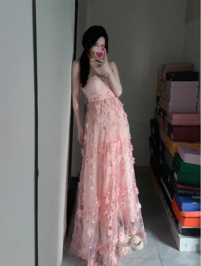 Sweet Pink A-line Strapless 3D Floral Tulle Long Prom Dress Evening Dress P4292
