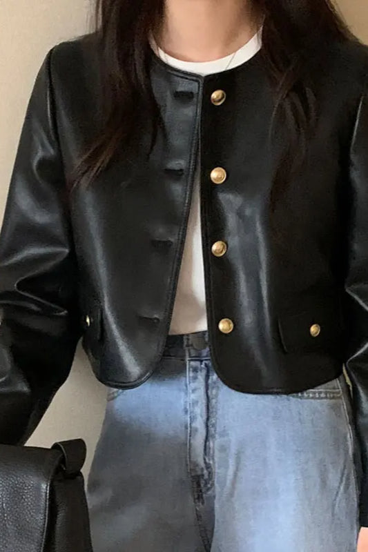 Retro O-Neck PU Leather Jacket