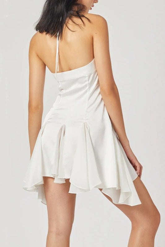 Satin Halter Neck Layered Ruffle Hem Mini Dress 4