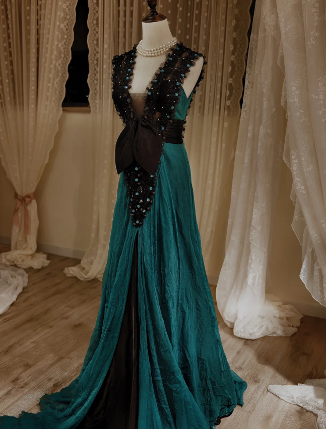 Vintage Dark Green A-line V-Neck Bow Beaded Chiffon Long Prom Dress Evening Dress P4293
