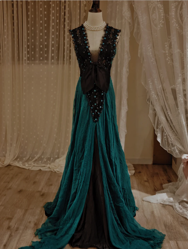 Vintage Dark Green A-line V-Neck Bow Beaded Chiffon Long Prom Dress Evening Dress P4293
