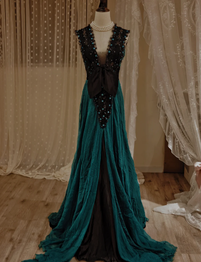 Vintage Dark Green A-line V-Neck Bow Beaded Chiffon Long Prom Dress Evening Dress P4293