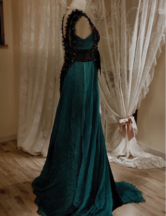 Vintage Dark Green A-line V-Neck Bow Beaded Chiffon Long Prom Dress Evening Dress P4293