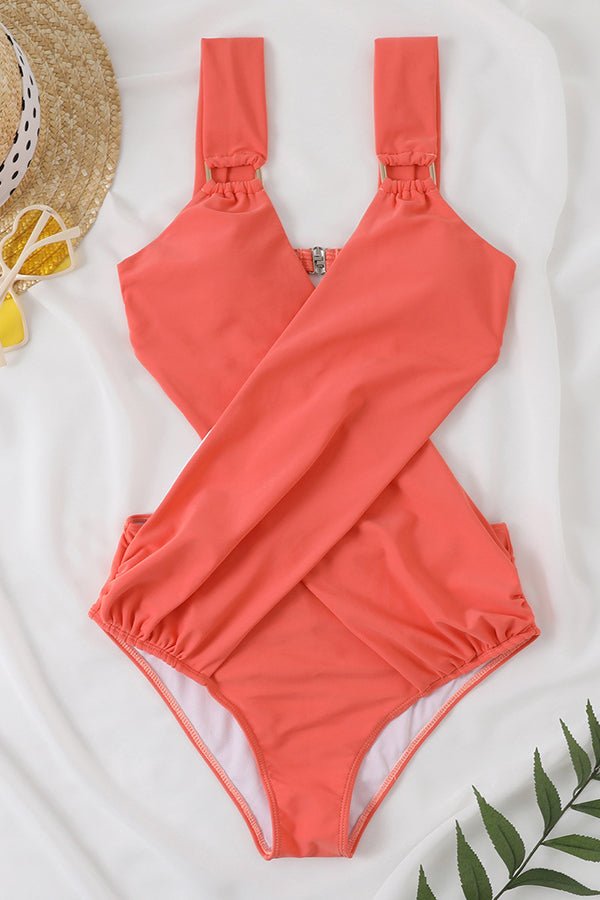 Solid V-Neck Crossover One Piece Swimsuit - Fashionpara