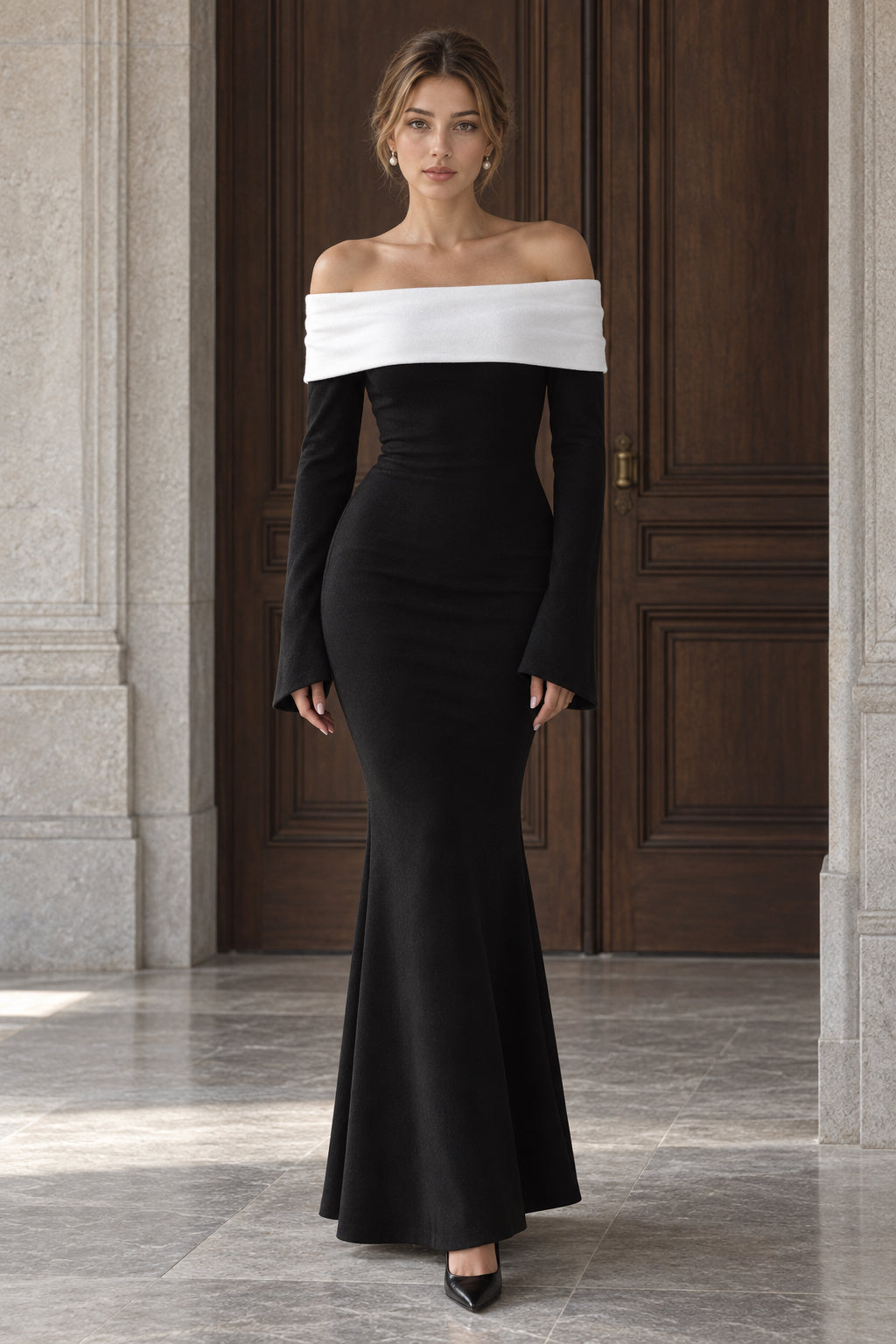Colorblock Off-Shoulder Long-Sleeve Fishtail Gown