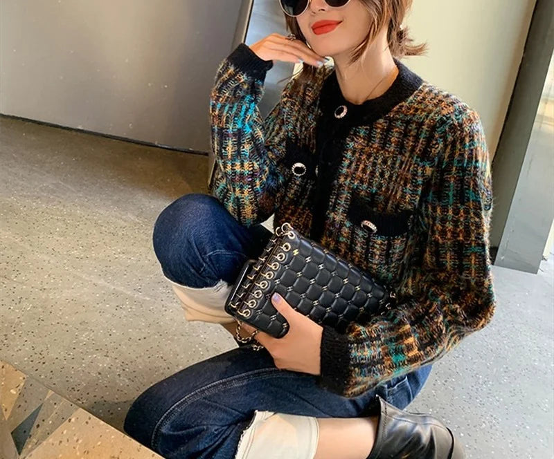 Round Neck Color Matching Knit Autumn Cardigan