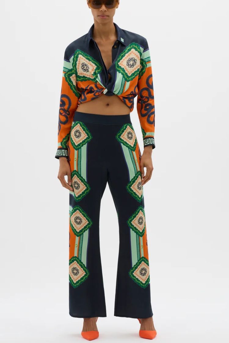 Vacation Times Satin Unique Print Long Sleeve Shirt And Elastic Waist Pocketed Wide Leg Pants - Fashionpara