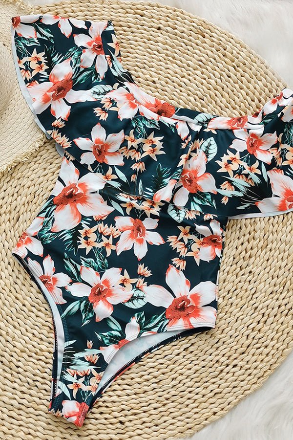 Off-Shoulder Ruffle Print One-Piece Swimsuit - Fashionpara