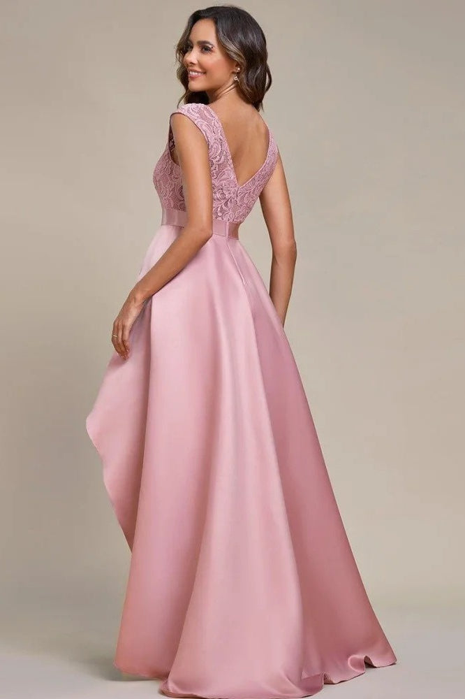 Lace Bodice Cap Sleeve High Low Satin Prom Dress 2