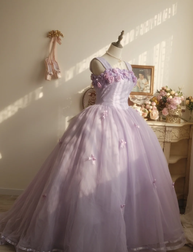 Sweet Princess Light Purple 3D Floral Square Neck Bow Tulle Ball Gown Evening Dress Sweet 16 Dress P4295