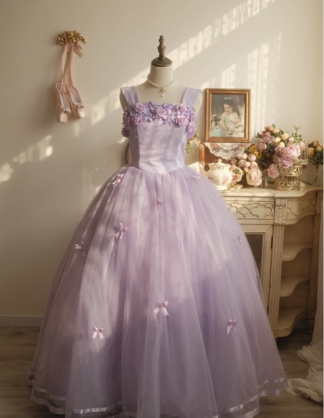 Sweet Princess Light Purple 3D Floral Square Neck Bow Tulle Ball Gown Evening Dress Sweet 16 Dress P4295