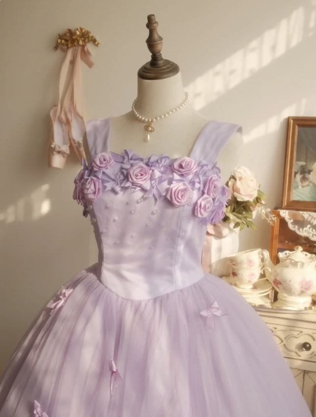 Sweet Princess Light Purple 3D Floral Square Neck Bow Tulle Ball Gown Evening Dress Sweet 16 Dress P4295