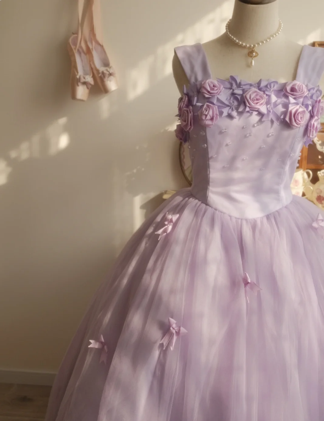 Sweet Princess Light Purple 3D Floral Square Neck Bow Tulle Ball Gown Evening Dress Sweet 16 Dress P4295