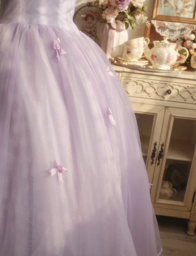 Sweet Princess Light Purple 3D Floral Square Neck Bow Tulle Ball Gown Evening Dress Sweet 16 Dress P4295