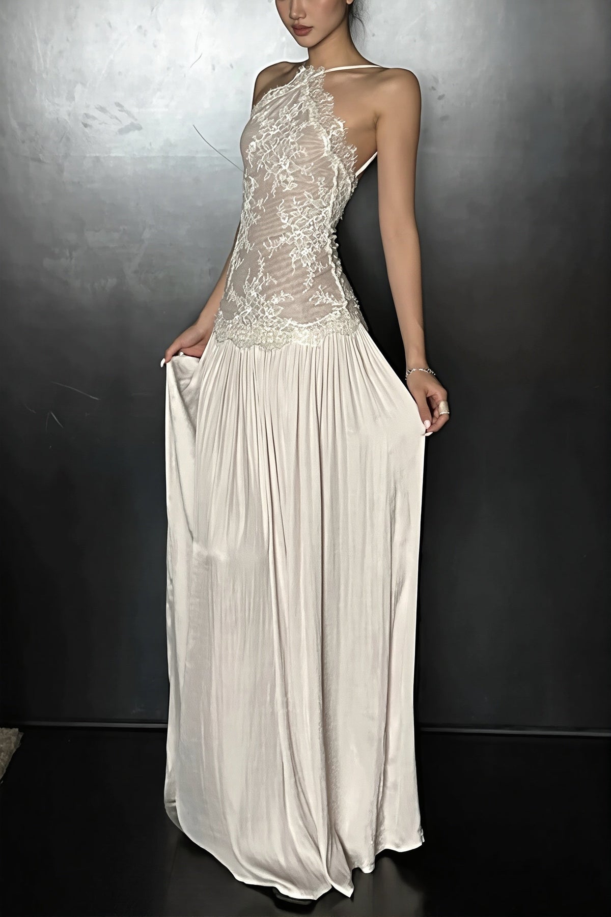Lace Bodice Satin Halter Drop Waist Maxi Gown
