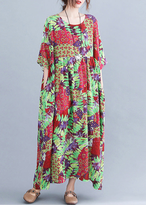 Patchwork Floral Print Round Neck Short Sleeve Maxi Dress