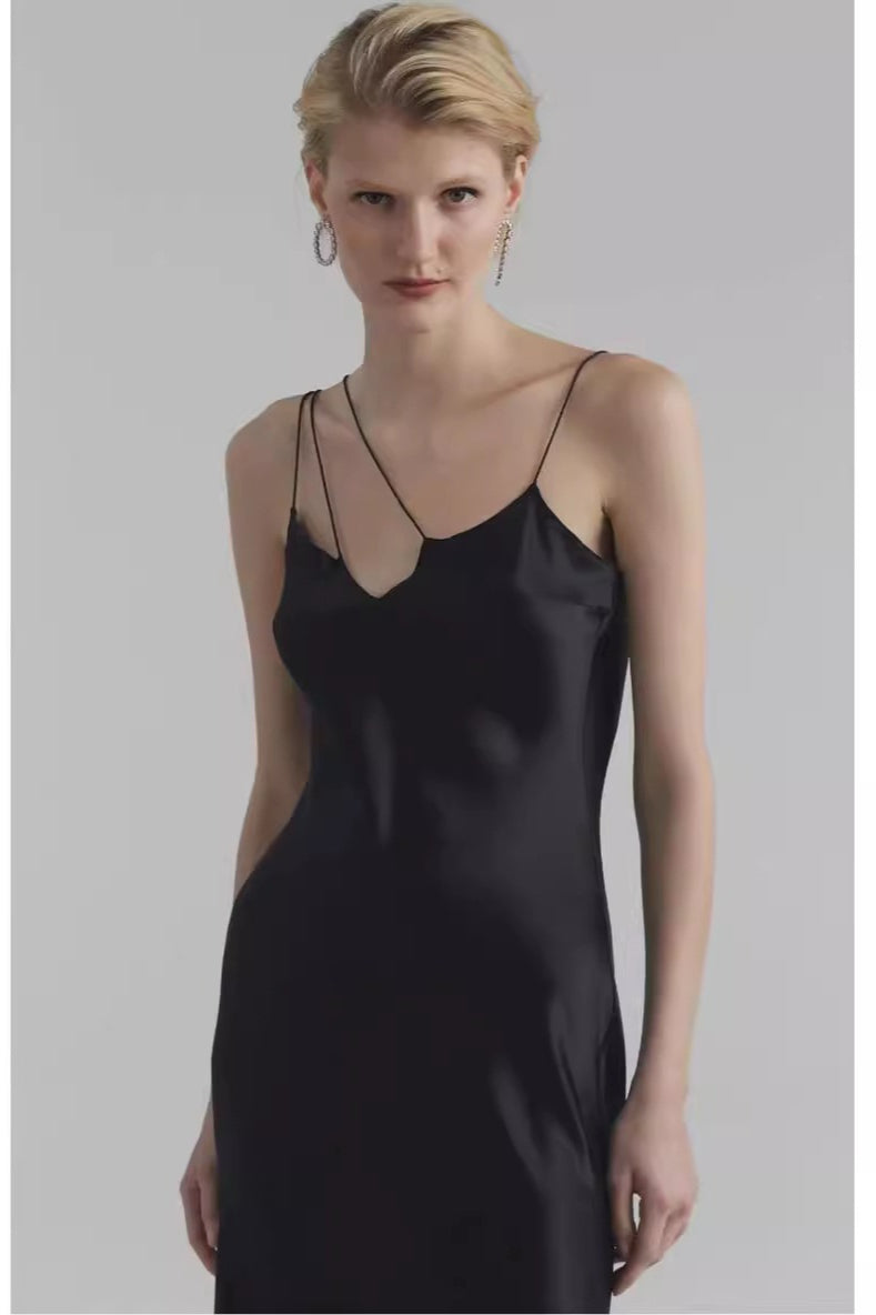 Satin Asymmetrical Spaghetti Strap Cut Out Slip Midi Dress