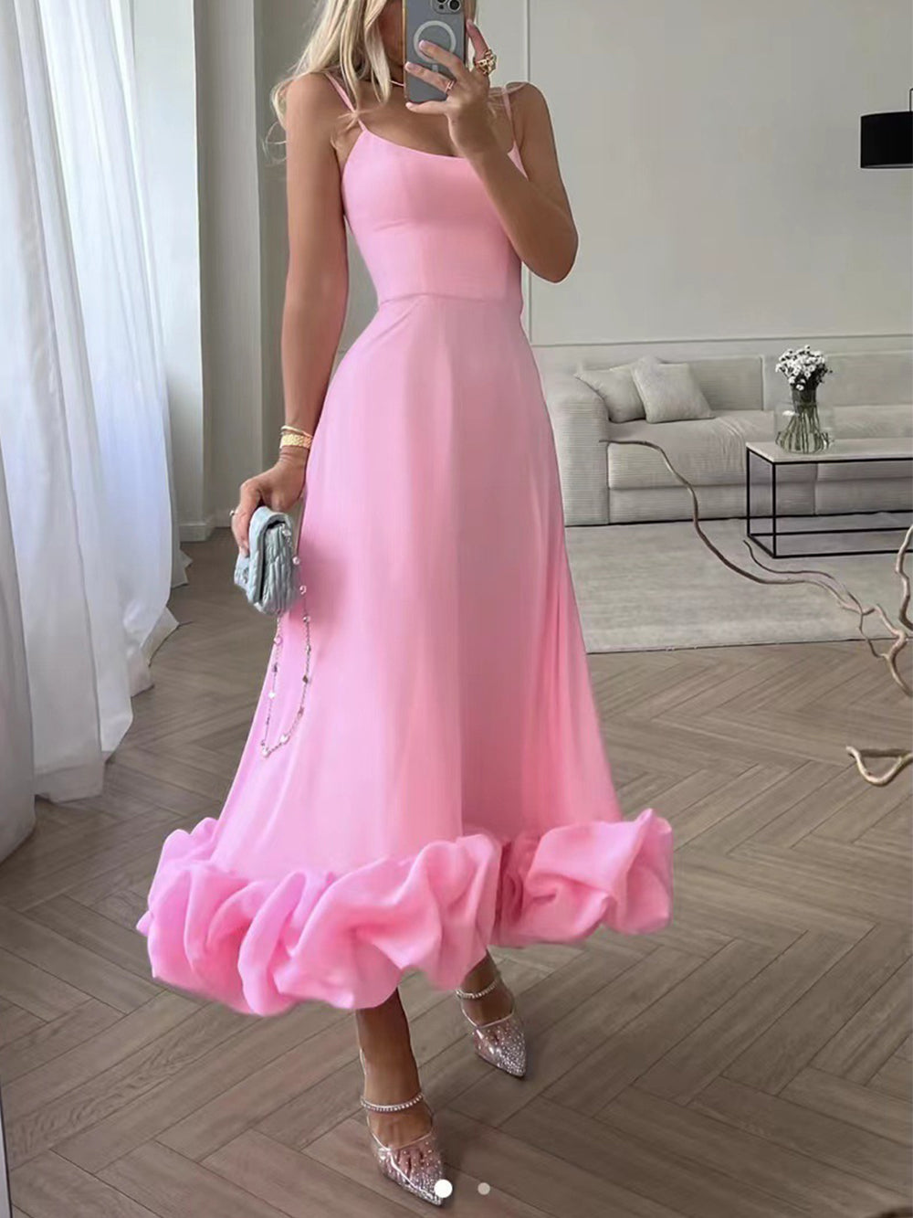Spaghetti Strap Square Neck Ruffle Hem A-Line Midi Dress