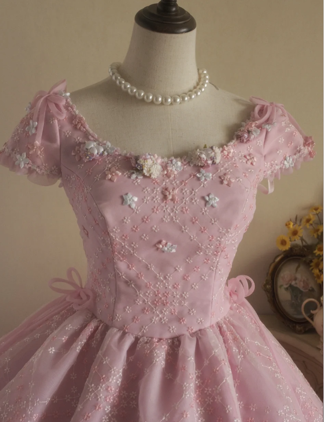 Sweet Court Light Pink Embroidered Floral Tulle Ball Gown Evening Dress Sweet 16 Dress P4297