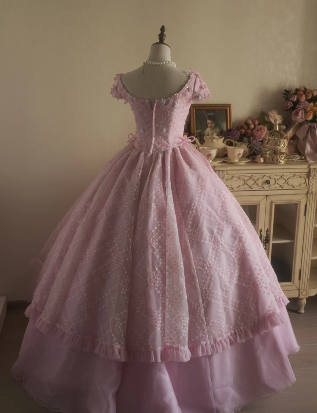 Sweet Court Light Pink Embroidered Floral Tulle Ball Gown Evening Dress Sweet 16 Dress P4297