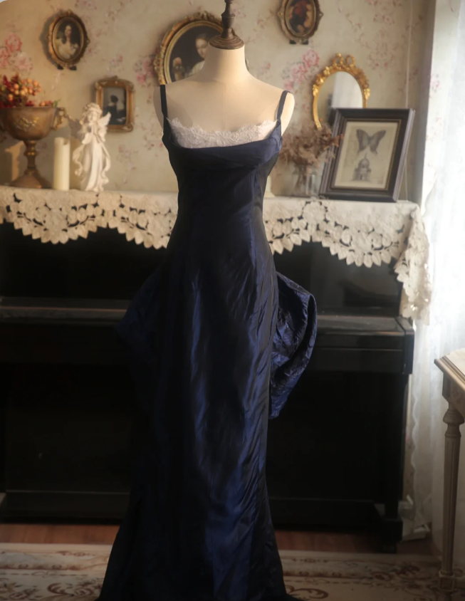 Vintage Navy Blue Mermaid Spaghetti Strap Square Neck Backless Satin Train Prom Dress Evening Dress P4298