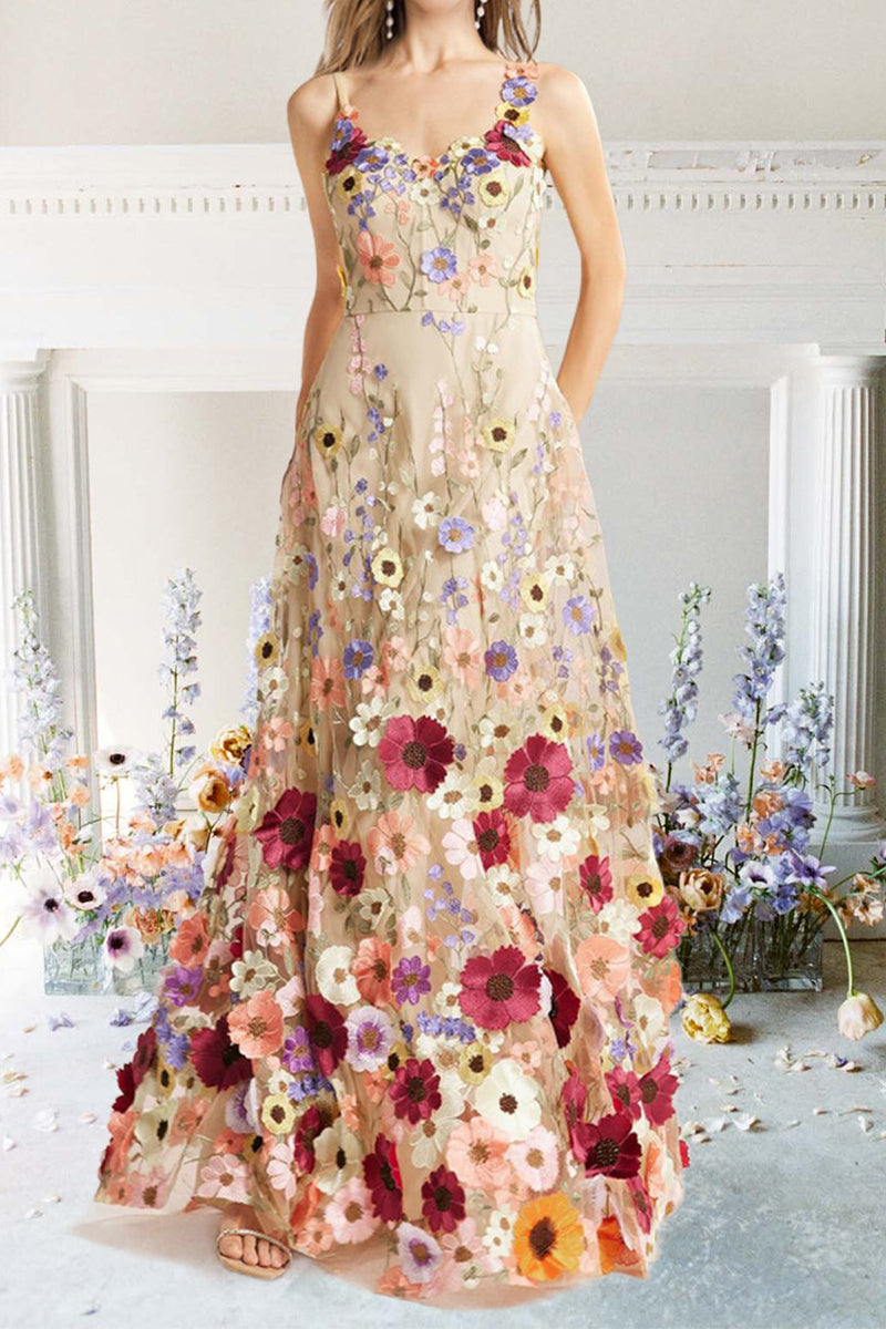 3D Floral Embellished Maxi Dress Suspender Skirt - Fashionpara