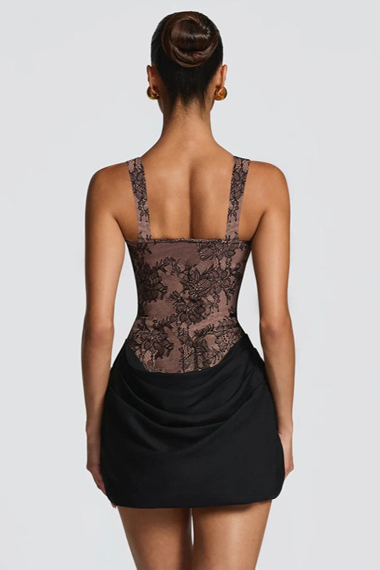 Square-Neck Lace Corset Ruched Satin Mini Dress