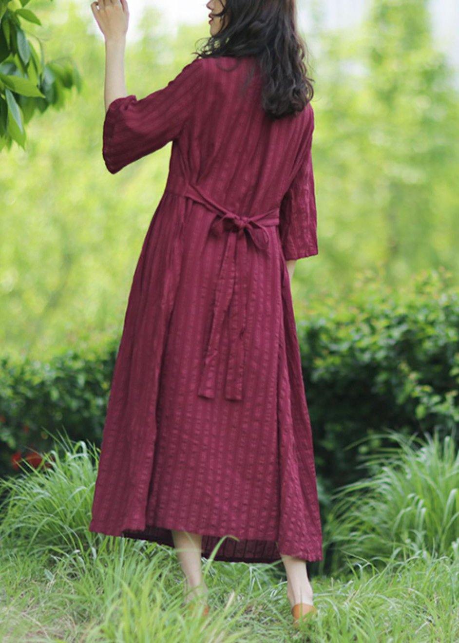 Textured Stripe V-Neck Bell Sleeve Wrap Bodice Maxi Dress - View 4