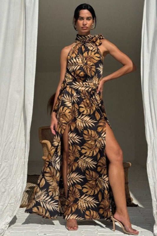 Tropical Print Halter Neck High Slit Maxi Dress