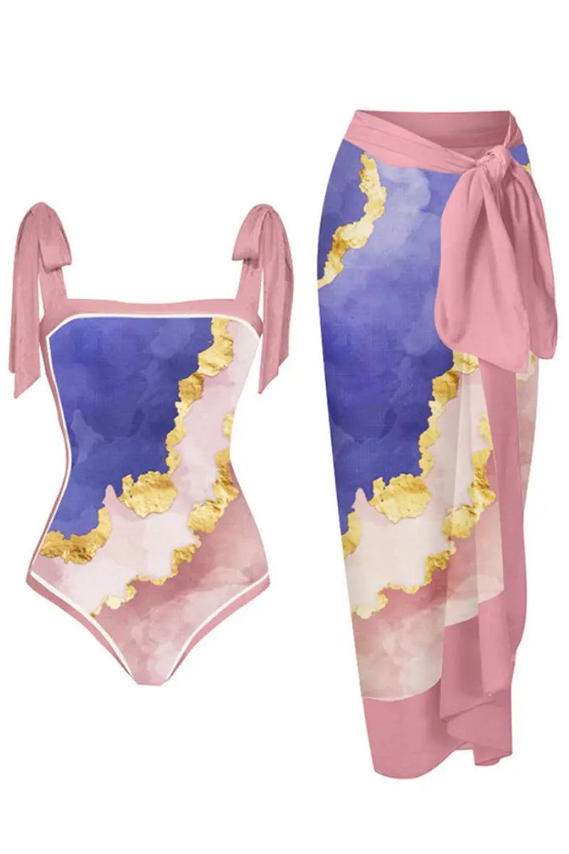 Pink Marble Print Tied Detail One Piece Swimsuit With Cover Up - Fashionpara
