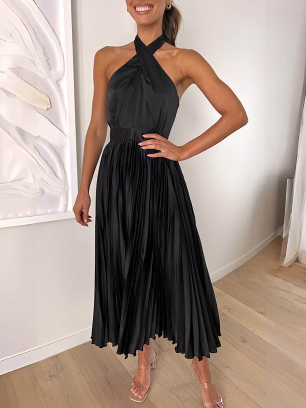 Neckline Pleated Vacation Party Midi Dresses - Fashionpara