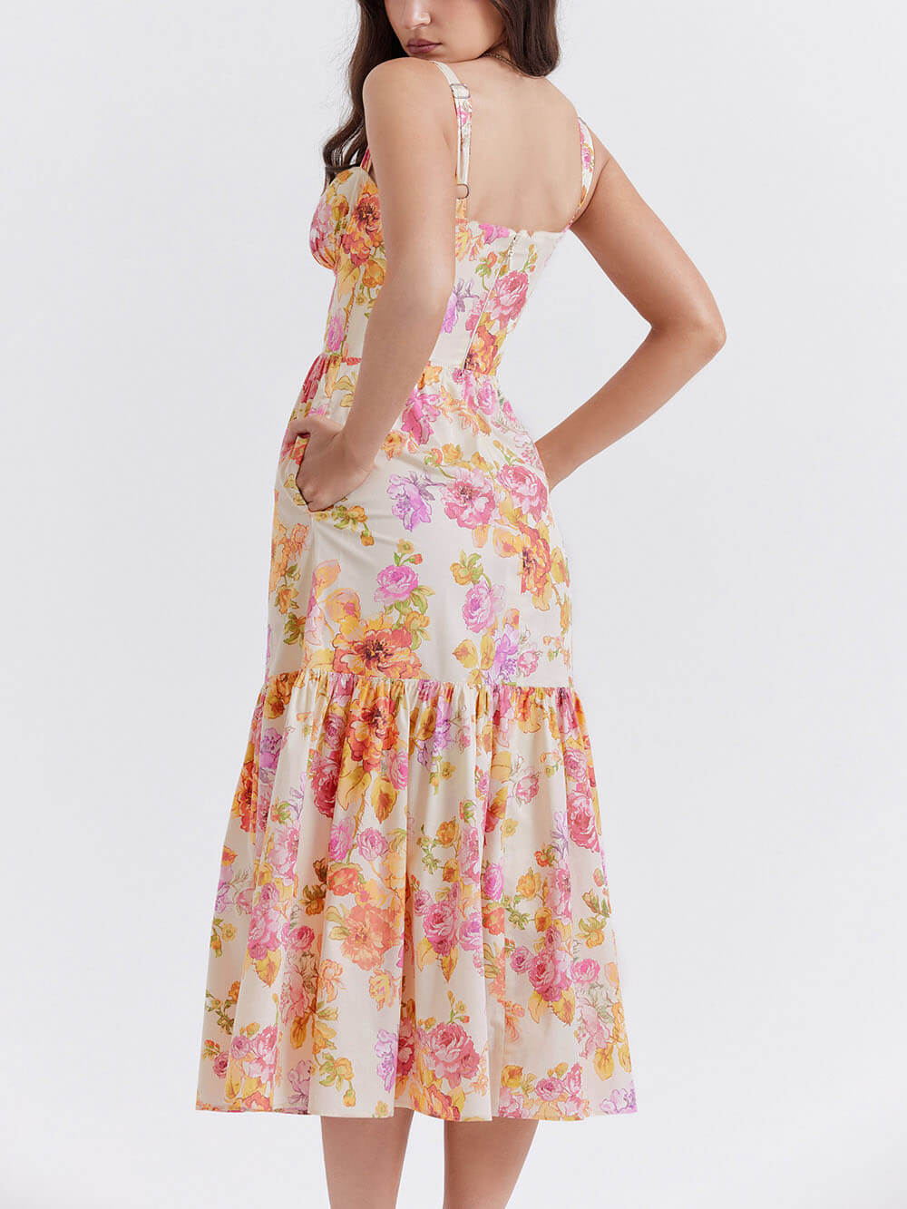 Strap A-Hem Floral Midi Dress - Fashionpara
