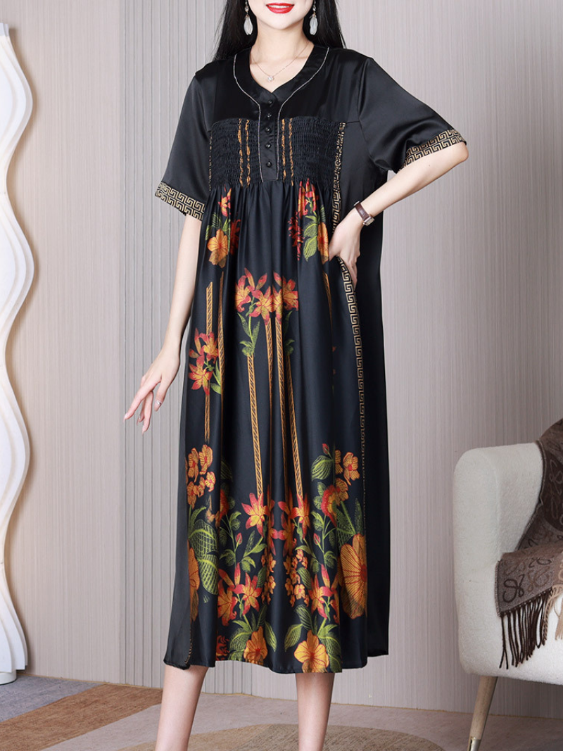 Nature Love V-neck Middlw Waist A-line Dress - Fashionpara