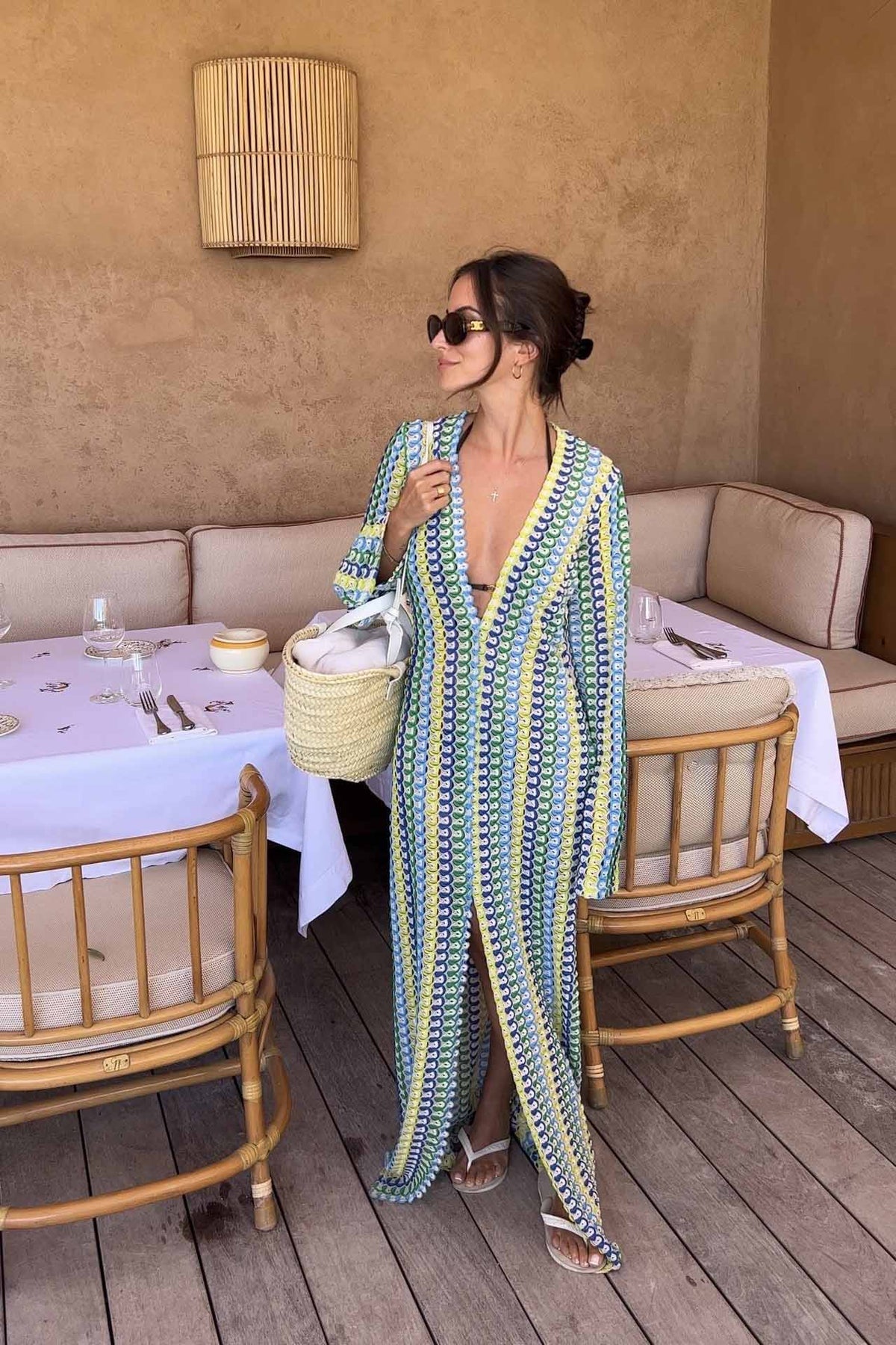 Crochet Deep V-Neck Long Sleeve Striped Boho Maxi Dress - View 4