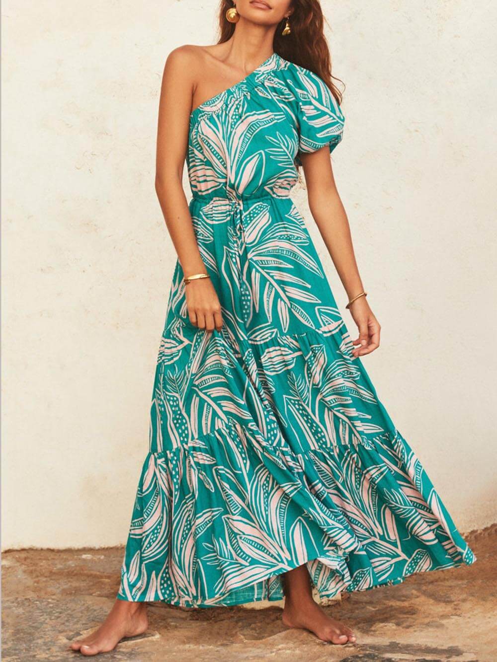 Palm Leaf Print Off-Shoulder Holiday Style Floral Dress - Fashionpara