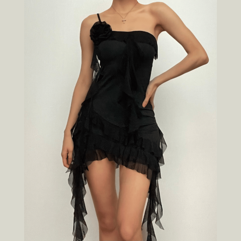 Flower Applique One Shoulder Ruffle High Low Mini Dress