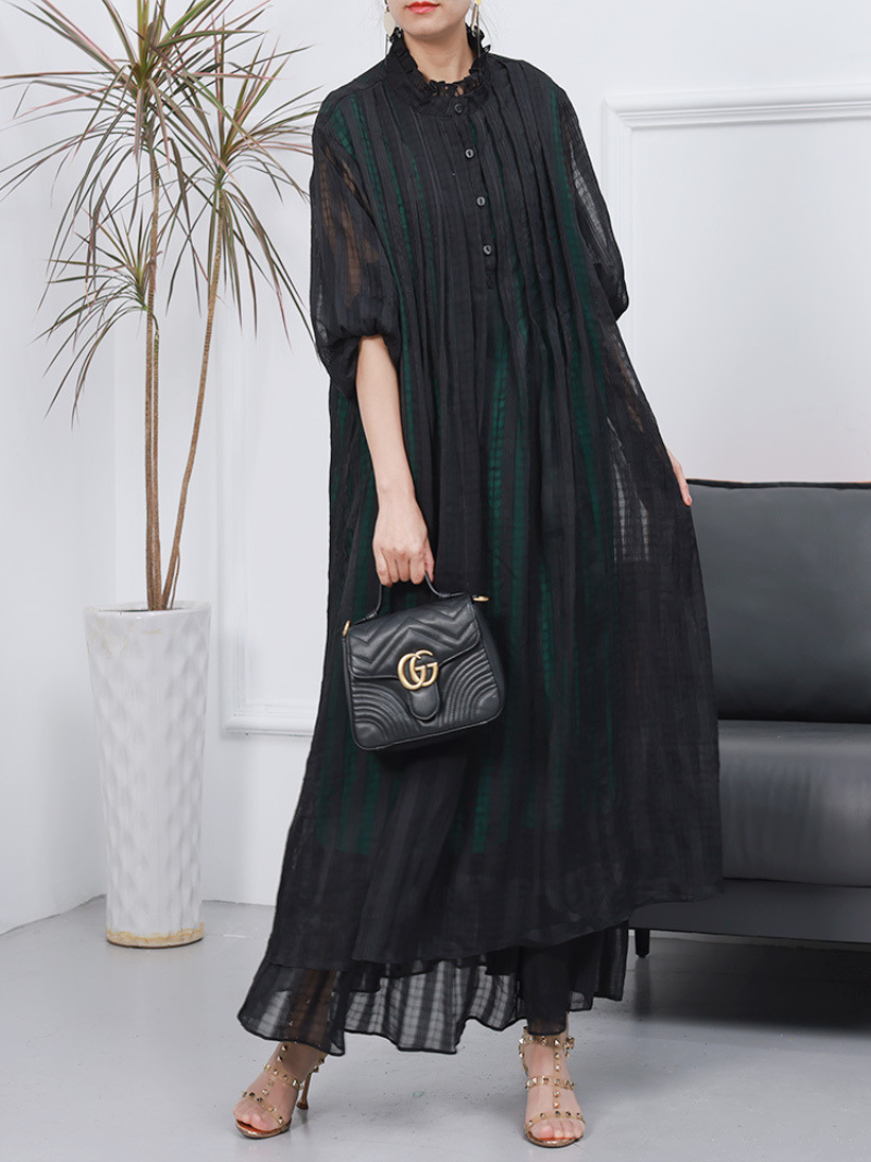 Textured Patchwork Round Neck Long Sleeve A-Line Maxi Dress 3