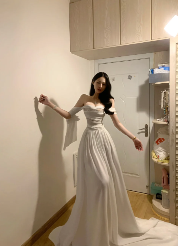 Glamorous Off The Shoulder White Chiffon Long Party Dress Wedding Guest Dress D851