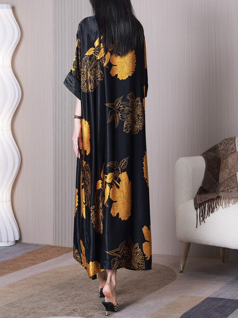 Floral Print Stand Collar Half-Button A-Line Maxi Dress 4
