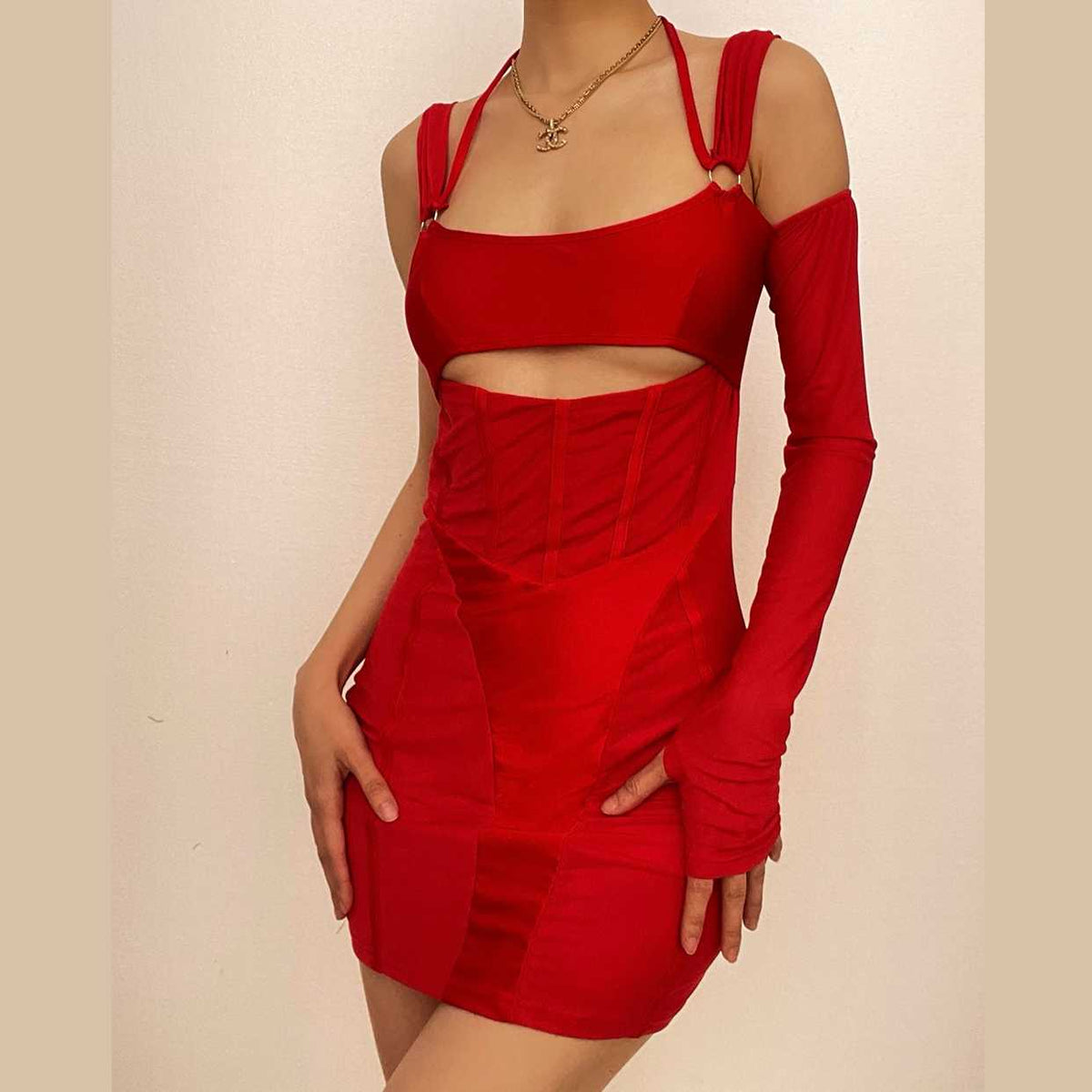 Mesh Square Neck Long Sleeve Corset Cut Out Bodycon Mini Dress