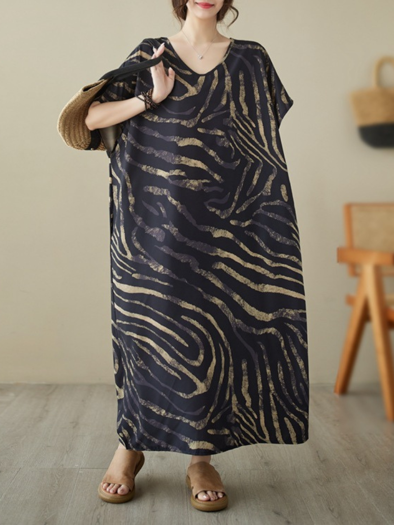 Animal Print V-Neck Short Sleeve Oversized Maxi Dress