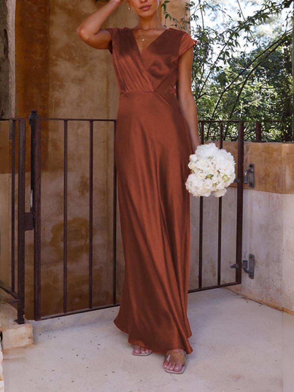 Spring/Summer Satin Solid Color V-Neck Fishtail Party Dress - Fashionpara