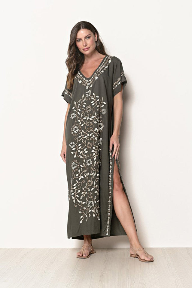 Embroidered V-Neck Short-Sleeve Kaftan Maxi Dress 44