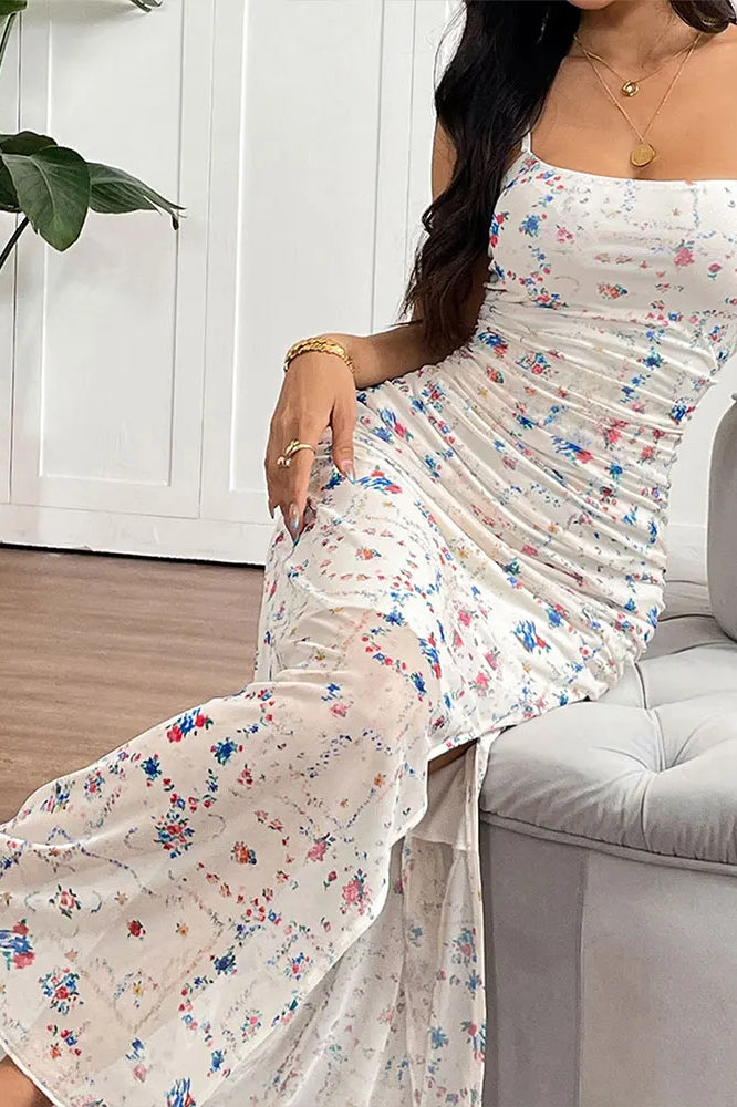 Floral Print Square Neck Ruched High-Slit Maxi Dress