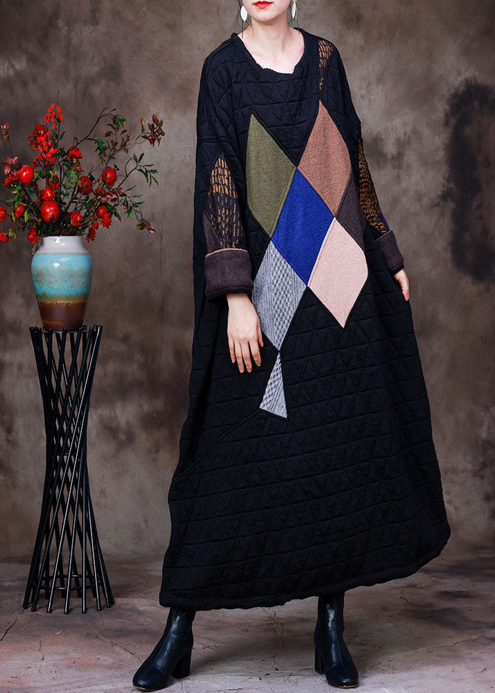 Quilted Geometric Patchwork Round Neck Long Sleeve Maxi Dress